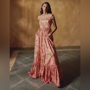 Agua by Agua Bendita Off-The-Shoulder Coral Cotton Poplin Maxi Dress NWT $780 🦜